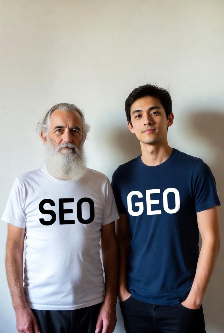 vieux avec un t shirt SEO avec un jeune homme qui porte un tshirt GEO