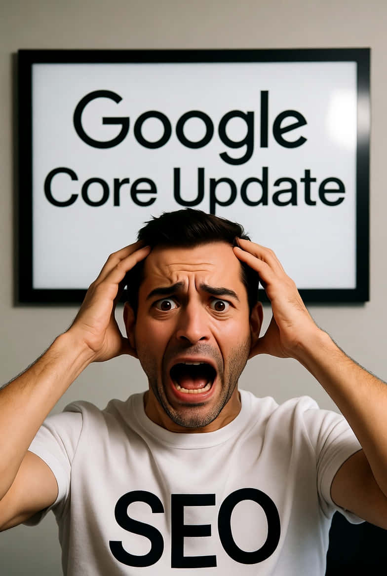 un homme avec un t shirt "SEO" est paniqué. Derrière lui, un panneau ou est écrit "Google Core Update"