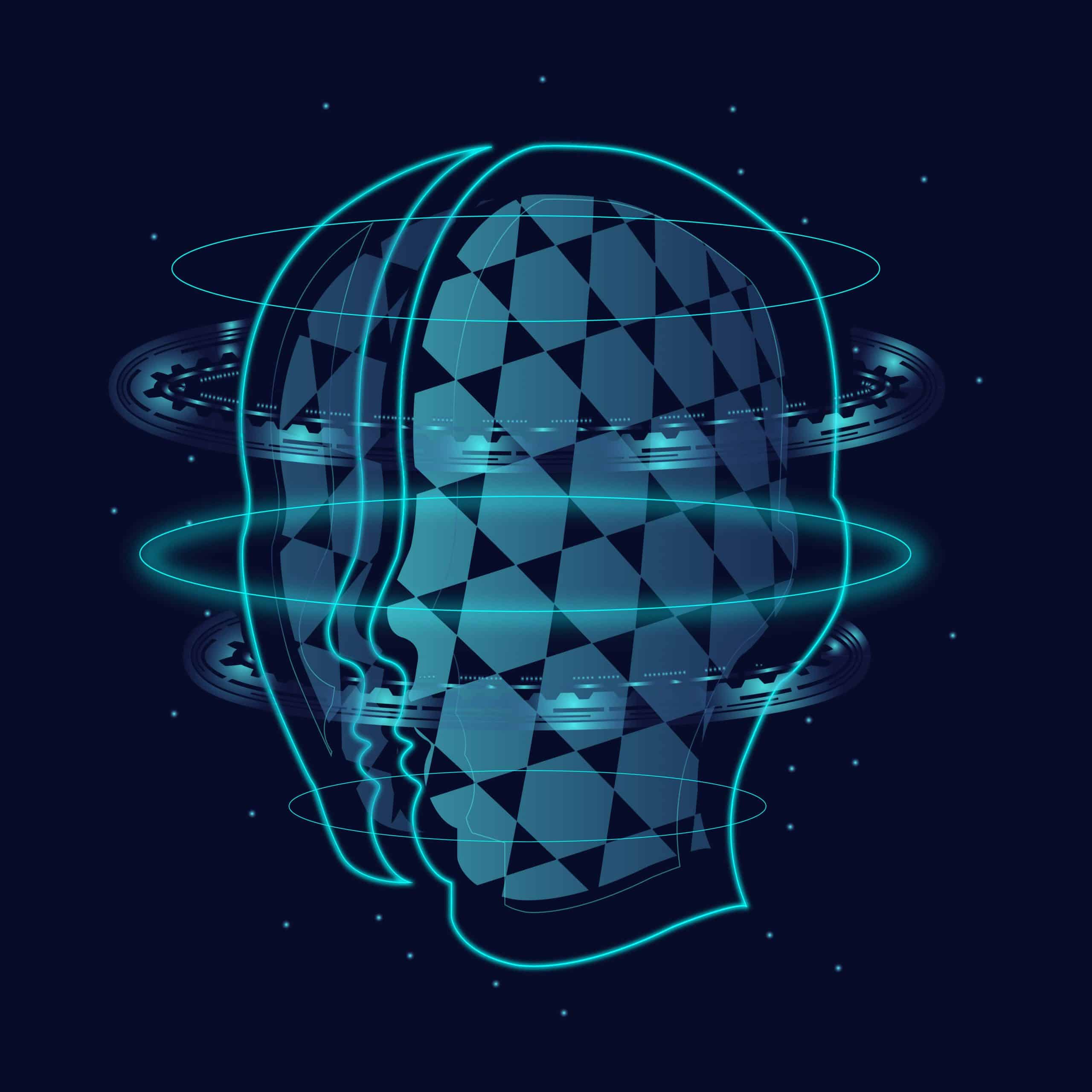 Une tête robotique bleu qui tourne de droite à gauche