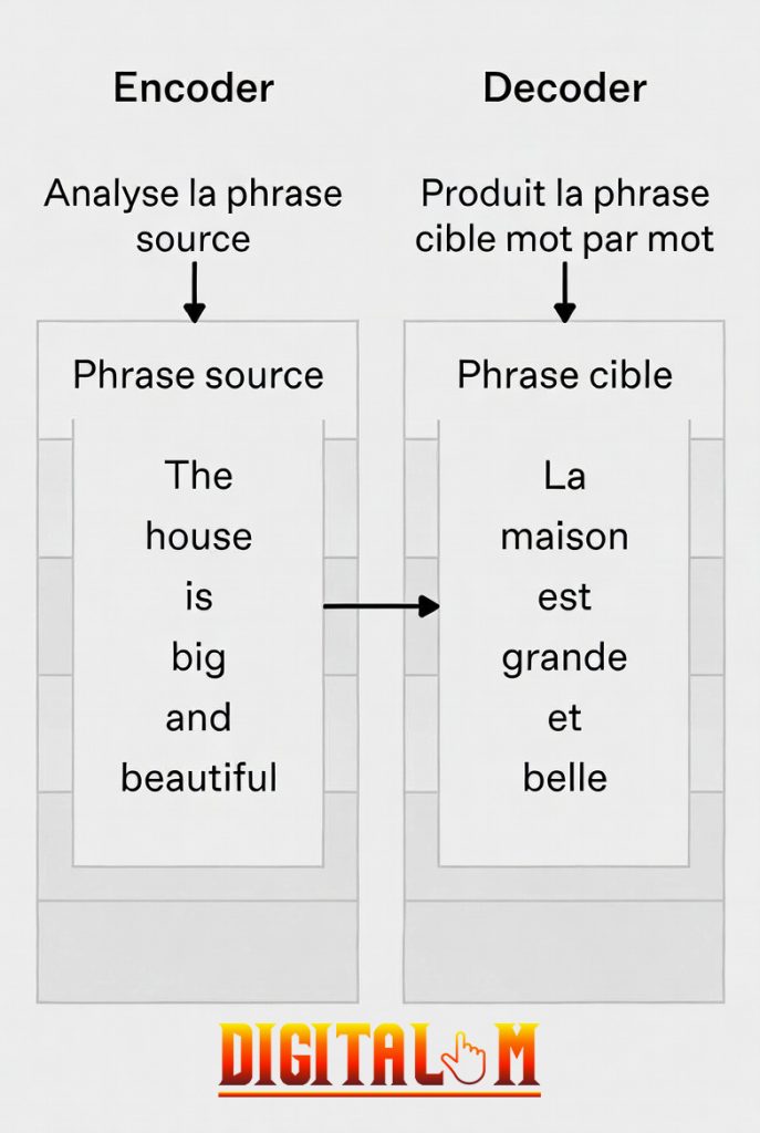 Schéma explicatif d’un modèle Encoder-Decoder pour la traduction automatique : à gauche l’encodeur analyse la phrase source en anglais « The house is big and beautiful », à droite le décodeur génère mot par mot la phrase cible en français « La maison est grande et belle », avec une flèche reliant les deux boîtes. En bas, logo « DIGITALM » stylisé.