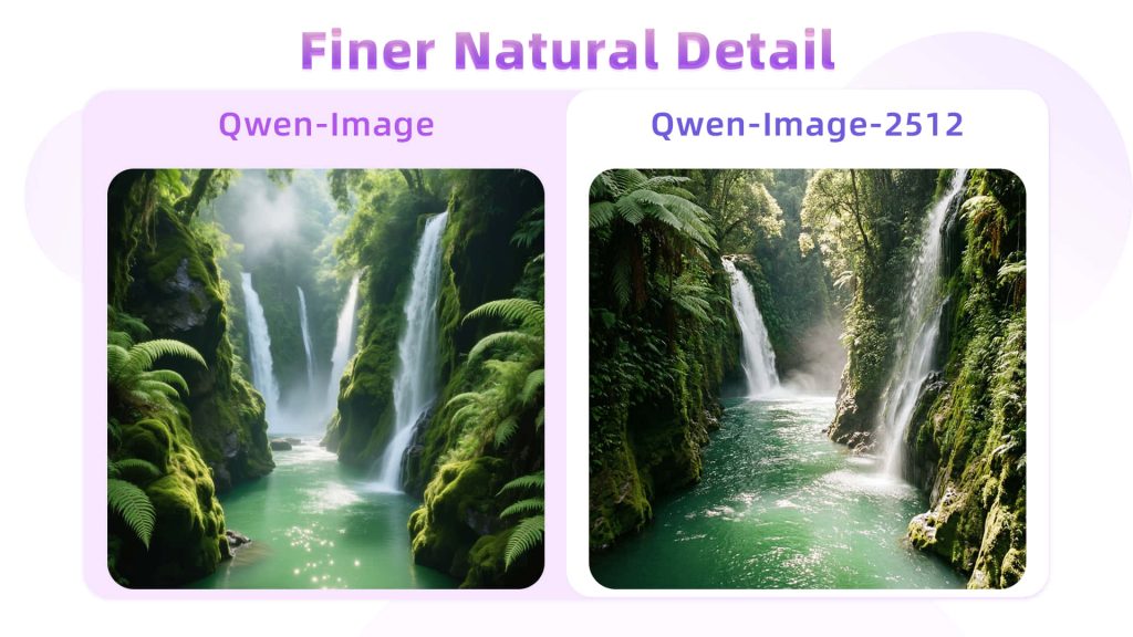 Exemple de paysage réaliste généré par Qwen-Image-2512, avec détails fins sur l'eau et la végétation.