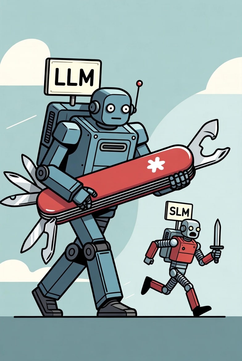 un gros robot avec un couteau suisse LLM poursuit un petit robot avec un couteau simple SLM