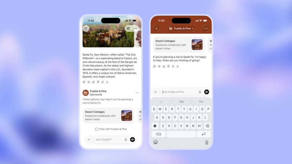 Deux écrans de smartphone côte à côte sur fond bleu clair : à gauche, un post sur Santa Fe au Nouveau-Mexique avec photo d'adobe, description historique et culturelle, sponsorisé par Pueblo & Pine ; à droite, une interface de chat avec clavier, suggestions de cottages dans le désert et option 'Ask Pueblo & Pine'.