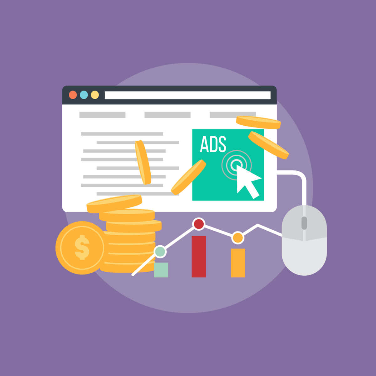 Illustration conceptuelle de la publicité en ligne : une fenêtre de navigateur affichant une page web avec une section 'ADS' verte cliquée par un curseur, entourée de pièces d'or tombantes, de graphiques de performance et d'une souris d'ordinateur, symbolisant la monétisation par les clics publicitaires.