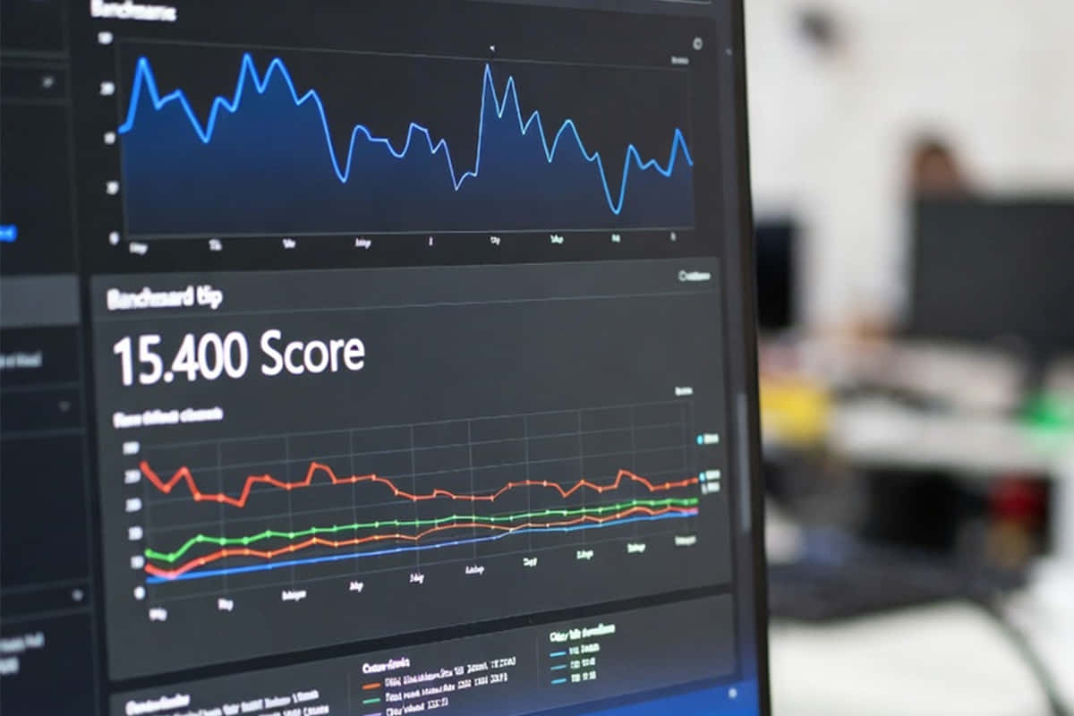 Un écran d'ordinateur affichant un dashboard Benchmarc avec un score principal de 15.400, un graphique en courbe bleue montrant l'évolution du score dans le temps (fluctuations entre environ 5 et 35), et un second graphique en bas avec plusieurs courbes colorées (orange, vert, bleu, rouge) représentant des métriques de benchmark (Base defect count, etc.) sur une période de plusieurs mois (Mai à Décembre).