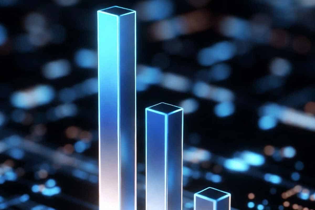 Graphiques en barres 3D futuristes aux arêtes lumineuses bleues néon sur fond de ville nocturne floue