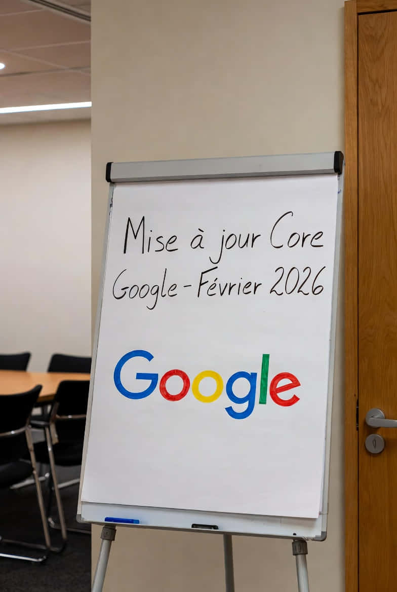 Panneau blanc sur trépied dans une salle de réunion, avec le texte manuscrit « Mise à jour Core Google - Février 2026 » et le logo Google multicolore en bas.
