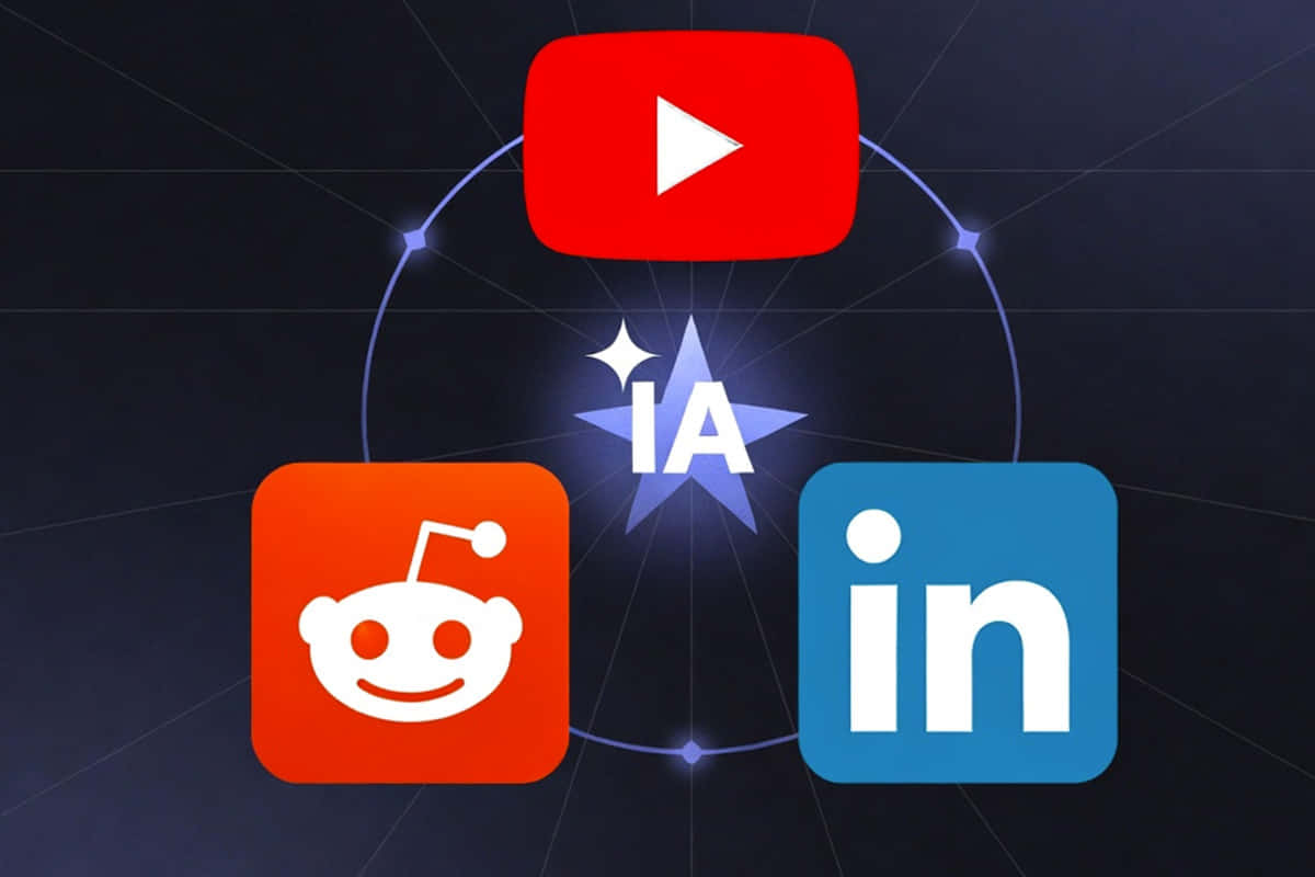 Groupe de logos de plateformes sociales connectés par des arcs lumineux bleus sur fond sombre, avec au centre une étoile IA scintillante entourée de Reddit (orange), YouTube (rouge), LinkedIn (bleu) et le mot IA en évidence