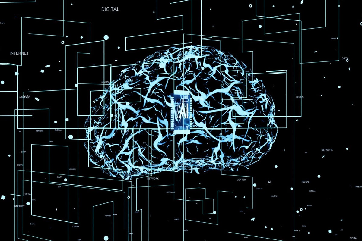 Cerveau humain stylisé en bleu néon avec des connexions neuronales lumineuses, au centre une puce électronique rectangulaire portant le texte « AI », entourée de mots-clés en grille (DIGITAL, INTERNET, DATA, NEURAL, NETWORK, CENTER, AI) sur fond noir, illustration conceptuelle de l'intelligence artificielle et des réseaux neuronaux.
