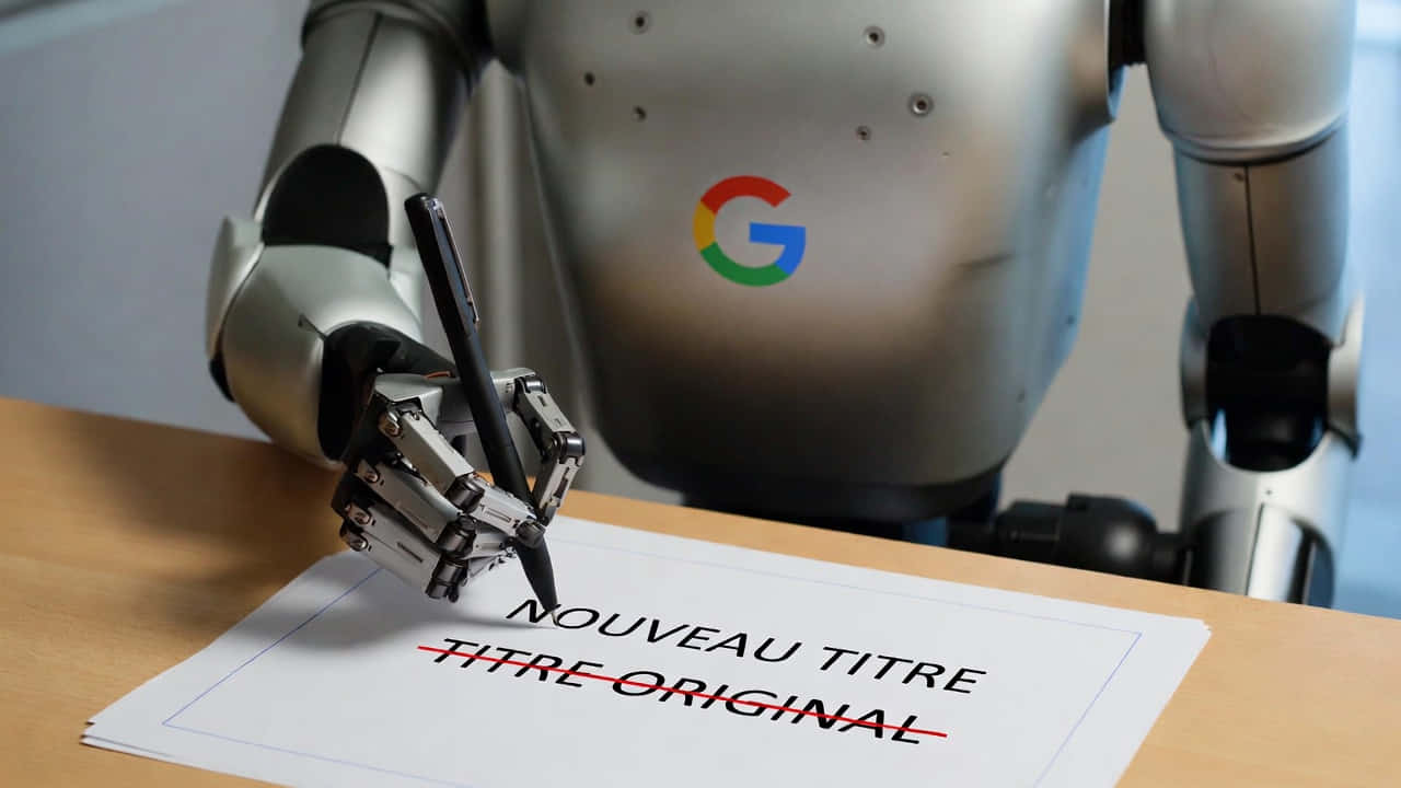 Un robot humanoïde en métal argenté, avec le logo Google sur la poitrine, tient un stylo noir et barre le mot « NOUVEAU TITRE » sur une feuille posée sur une table, en laissant visible « TITRE ORIGINAL » souligné en rouge.