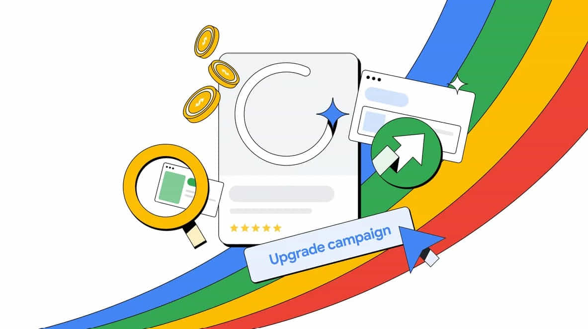 Illustration promotionnelle d'une campagne de mise à niveau Google Chrome : grand logo C blanc sur une carte, loupe jaune grossissant une fenêtre de navigateur, pièces d'or flottantes, fenêtre de navigateur avec flèche verte ascendante, étoiles de notation et bannière bleue « Upgrade campaign » sur un ruban arc-en-ciel multicolore.