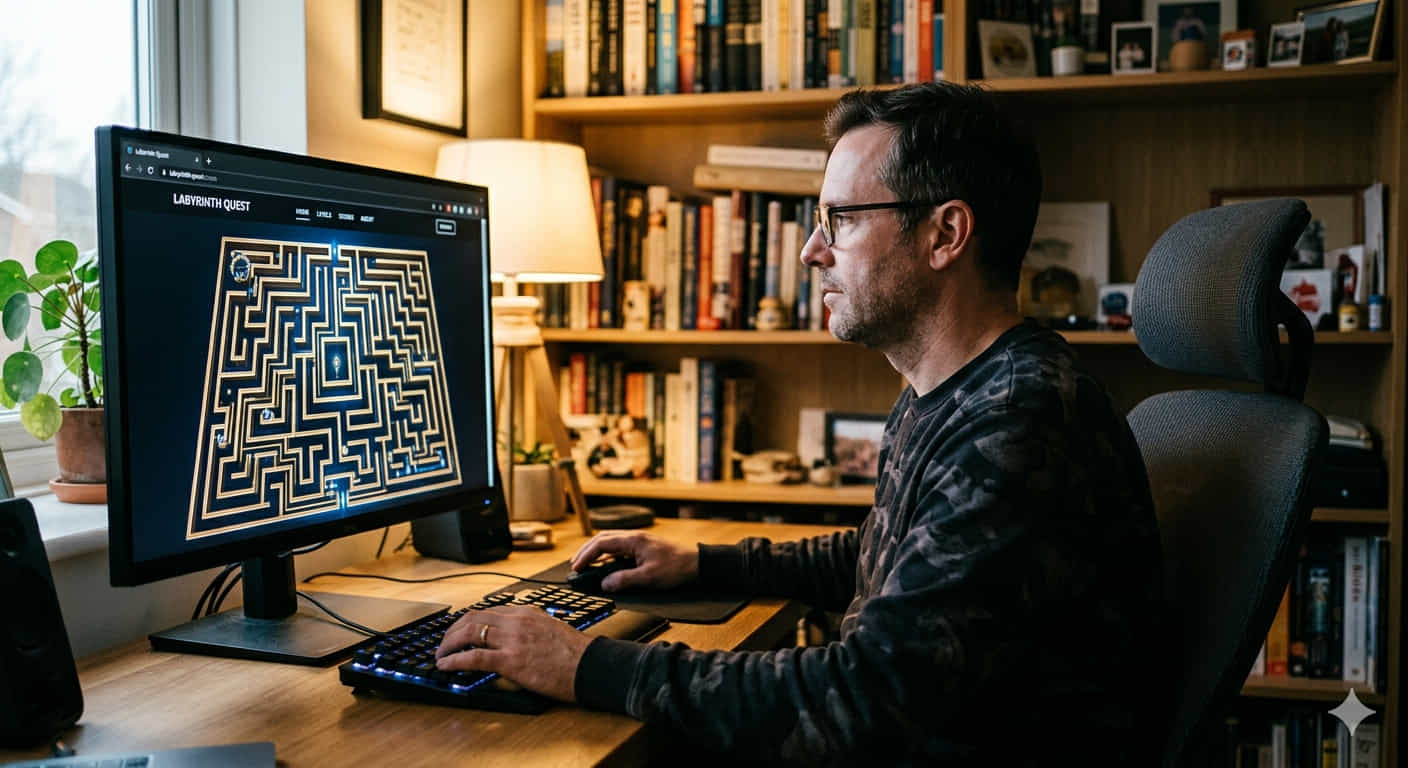 Homme à lunettes en sweat camouflage, assis de profil dans un fauteuil ergonomique devant un écran d'ordinateur affichant le jeu « LABYRINTH QUEST » avec un grand labyrinthe doré sur fond noir, mains posées sur clavier et souris, dans un bureau chaleureux avec étagères remplies de livres.