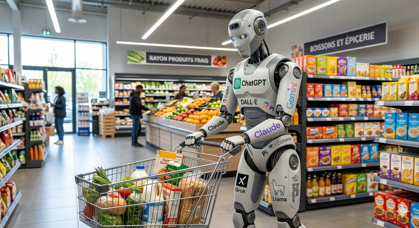 Robot humanoïde aux couleurs argentées, couvert de logos d’IA (ChatGPT, Claude, Gemini, Grok, Llama, DALL·E, etc.), poussant un chariot de courses rempli de légumes, pain et lait dans une allée de supermarché lumineuse. En arrière-plan : rayons produits frais et boissons & épicerie, avec d’autres clients.