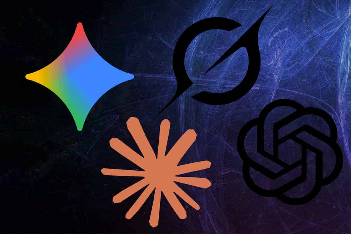 Logos de Gemini, Chatgpt, Claude et Grok sur fond bleu cosmique abstrait : diamant multicolore en dégradé jaune-bleu-vert à gauche, symbole noir abstrait courbé en haut à droite, étoile orange à multiples branches en bas au centre, et logo OpenAI noir entrelacé en bas à droite.