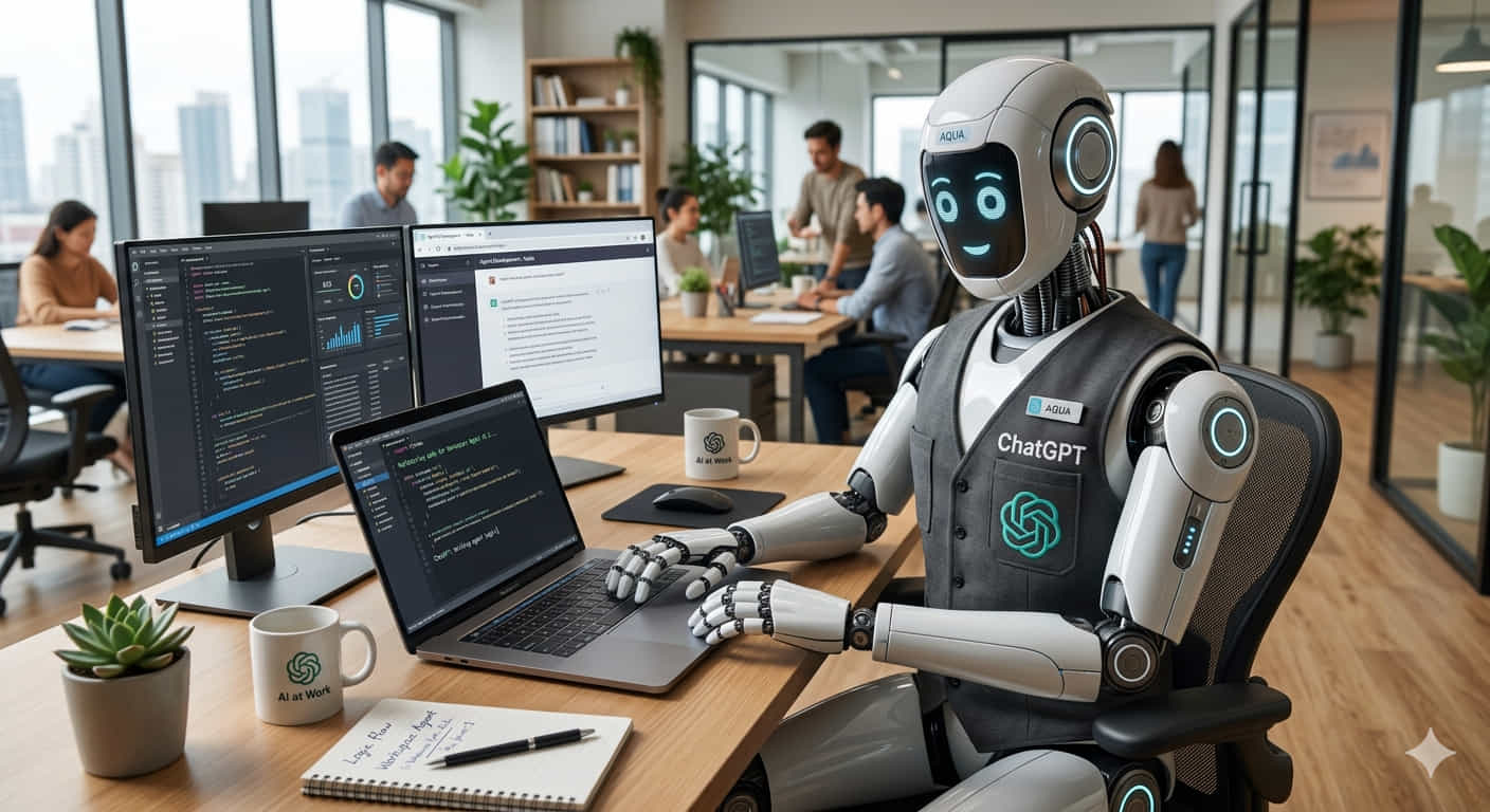 Robot humanoïde assis à un bureau d'open space moderne, portant un gilet marqué « ChatGPT » et « AQUA » avec le logo OpenAI. Il tape sur un ordinateur portable dont l'écran affiche du code. Deux moniteurs montrent des interfaces de développement et une page web. Sur le bureau : mugs « AI at Work », plante grasse, carnet avec notes manuscrites. En arrière-plan, collègues humains travaillent dans un environnement lumineux avec grandes baies vitrées.