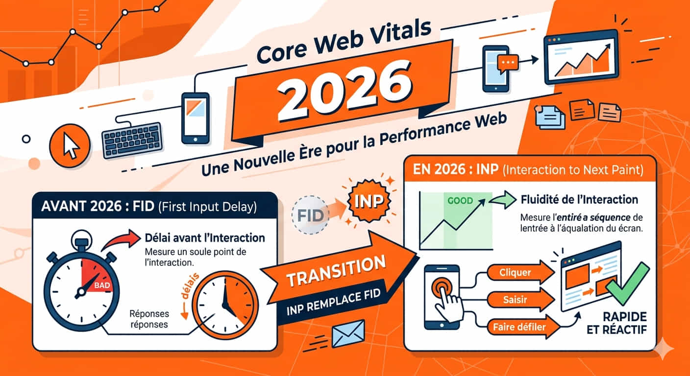 Infographie Core Web Vitals 2026 : transition de FID vers INP. À gauche, section « AVANT 2026 : FID (First Input Delay) » avec chronomètre indiquant le délai avant l’interaction et les réponses lentes. Flèche de transition centrale « INP REMPLACE FID ». À droite, section « EN 2026 : INP (Interaction to Next Paint) » illustrant la fluidité de l’interaction avec icônes smartphone, curseur cliquant, saisissant et défilant, graphique « GOOD » et check vert « RAPIDE ET RÉACTIF ». Titre principal « Core Web Vitals 2026 – Une Nouvelle Ère pour la Performance Web ».