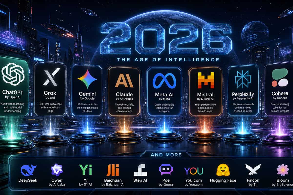 Futuristic illustration promotionnelle pour 2026 intitulée « THE AGE OF INTELLIGENCE », avec un fond cyberpunk de ville futuriste nocturne, vaisseaux volants et planète Terre. Au centre, huit plateformes lumineuses présentent les logos et descriptions des IA : ChatGPT by OpenAI (Advanced reasoning and multimodal understanding), Grok by xAI (Real-time knowledge with a rebellious edge), Gemini by Google (Multimodal AI for the next generation of ideas), Claude by Anthropic (Thoughtful, safe, and aligned conversations), Meta AI by Meta (Open, accessible intelligence for everyone), Mistral by Mistral AI (High-performance open models from Europe), Perplexity by Perplexity AI (AI-powered search with real-time, trusted answers), Cohere by Cohere (Enterprise-ready LLMs for real business impact). En bas, section « AND MORE » avec les logos DeepSeek, Qwen, Yi, Baichuan, Step AI, Poe, You.com, Hugging Face, Falcon et Bloom.