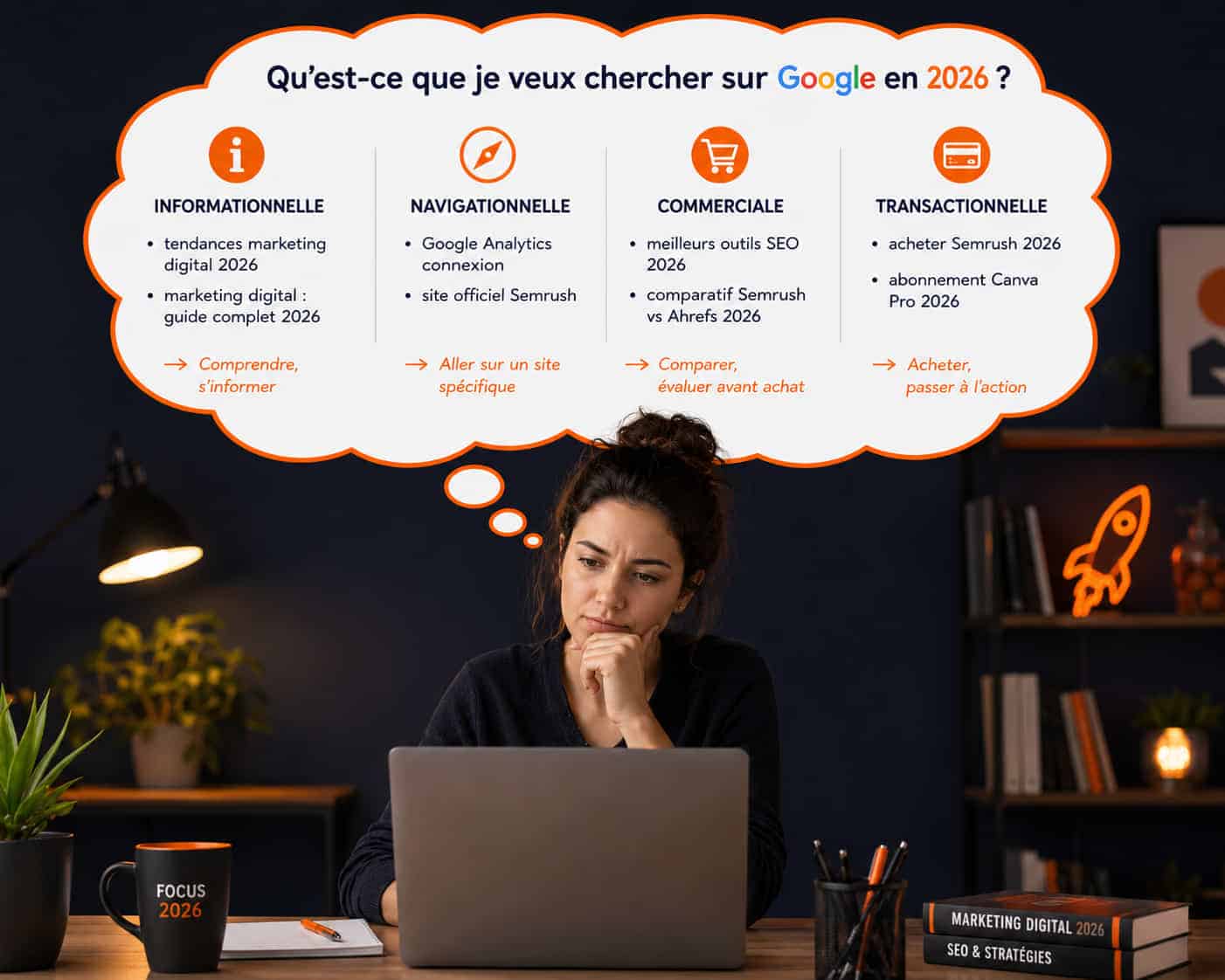 Femme brune aux cheveux attachés, assise à un bureau devant un ordinateur portable, main sur le menton en pleine réflexion, avec une grande bulle de pensée orange intitulée « Qu’est-ce que je veux chercher sur Google en 2026 ? » divisée en quatre intentions de recherche : Informationnelle (tendances marketing digital 2026, guide complet), Navigationnelle (Google Analytics, site officiel Semrush), Commerciale (meilleurs outils SEO 2026, comparatif Semrush vs Ahrefs) et Transactionnelle (acheter Semrush 2026, abonnement Canva Pro). Sur le bureau : mug FOCUS 2026, livres Marketing Digital 2026 et SEO & Stratégies. Ambiance bureau moderne avec plantes, lampe et néon fusée.