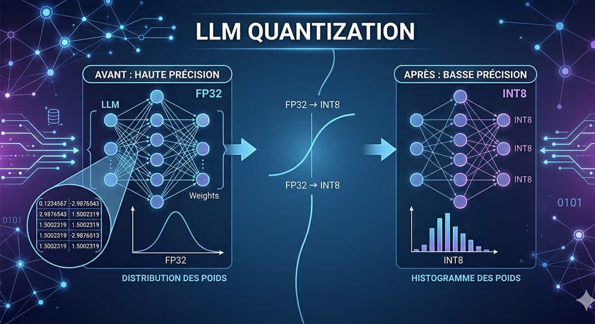 Infographie sur la quantification des LLM : à gauche « AVANT : HAUTE PRÉCISION » avec un réseau neuronal LLM en FP32, table de poids flottants, courbe de distribution gaussienne ; flèche centrale de conversion FP32 → INT8 ; à droite « APRÈS : BASSE PRÉCISION » avec réseau neuronal en INT8, histogramme des poids et nombres binaires. Titre principal : LLM QUANTIZATION.