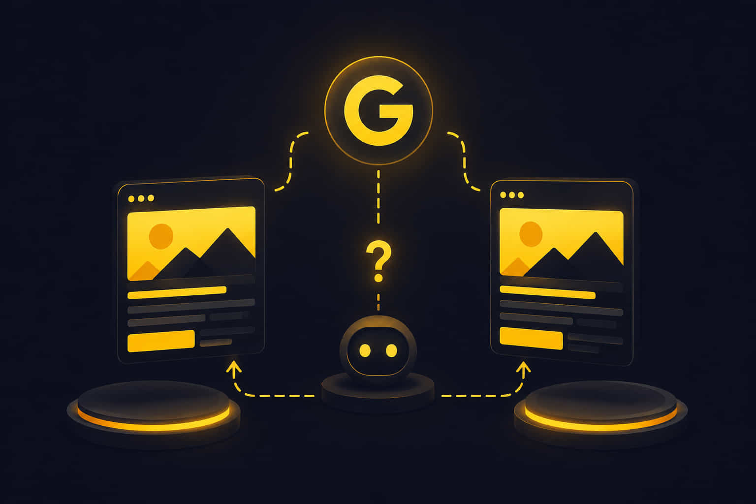 Deux pages web aux contenus visuellement identiques avec une bannière jaune montrant un soleil et des montagnes, reliées par des lignes pointillées jaunes à un logo G lumineux au centre supérieur et à un petit robot central surmonté d’un point d’interrogation, sur fond sombre avec plateformes illuminées.