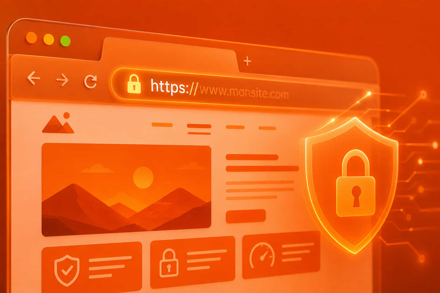 Un navigateur web affiche une connexion HTTPS sécurisée à l’URL www.monsite.com, signalée par un cadenas jaune dans la barre d’adresse. La page présente une illustration de montagnes au coucher du soleil dans un encadré principal, accompagnée de sections de texte simulées par des lignes horizontales. Un grand bouclier lumineux transparent avec cadenas est superposé sur la droite, symbolisant la protection du site. Trois icônes de sécurité et de performance (bouclier validé, cadenas, jauge) figurent en bas de la fenêtre. L’ensemble est teinté d’une lumière orange chaude avec des motifs de circuits numériques en arrière-plan.