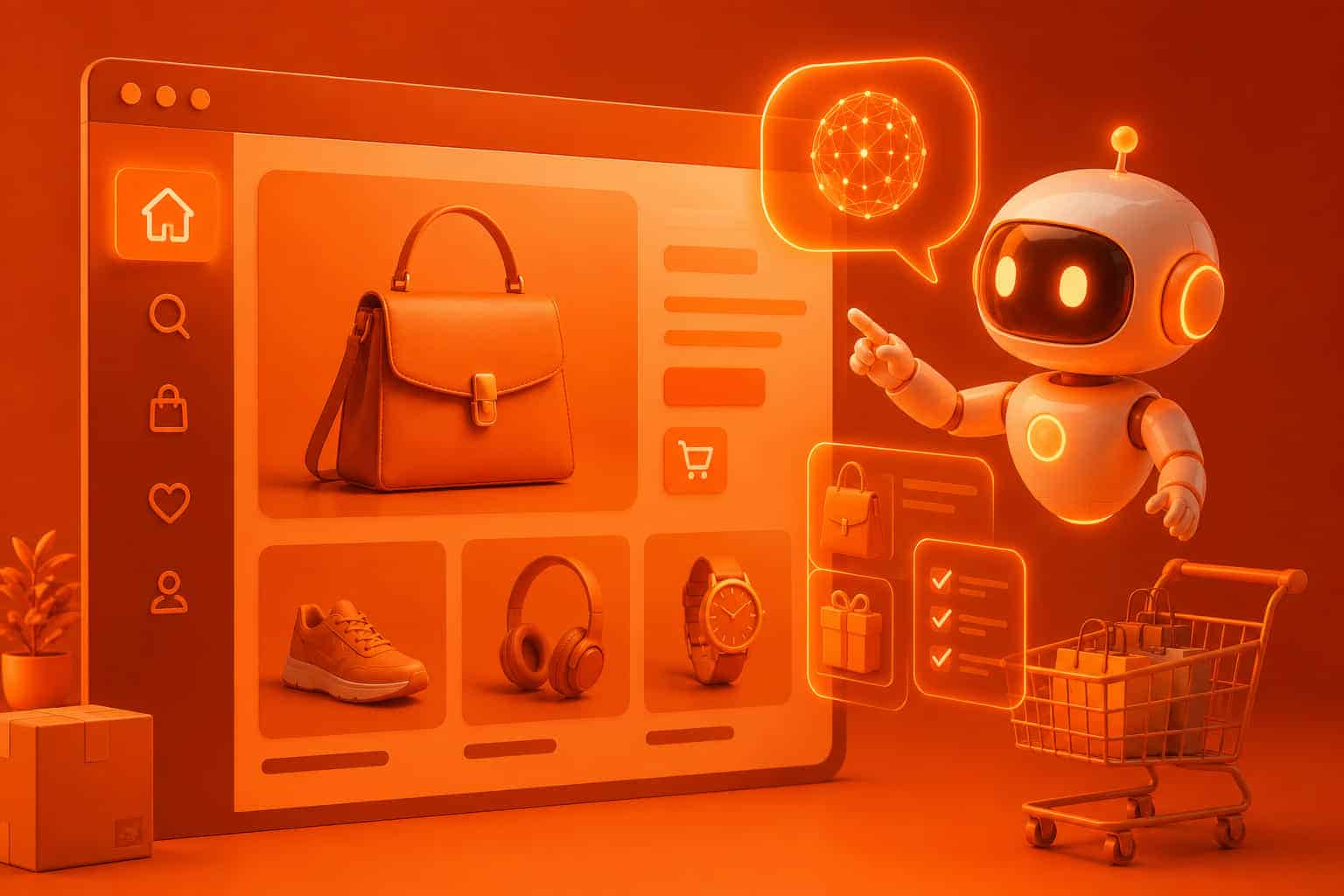 Robot assistant IA flottant à droite d'une interface e-commerce orange, pointant vers un sac à main en vedette, avec des produits en grille (baskets, casque audio, montre), icônes de navigation (maison, recherche, panier, cœur, profil), un chariot rempli de colis et une bulle de dialogue contenant un réseau neuronal.