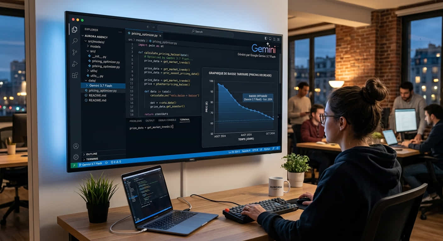 Interface de code assistée par Gemini 3.7 Flash de Google avec un graphique de baisse tarifaire et le logo Gemini sur un écran d'agence