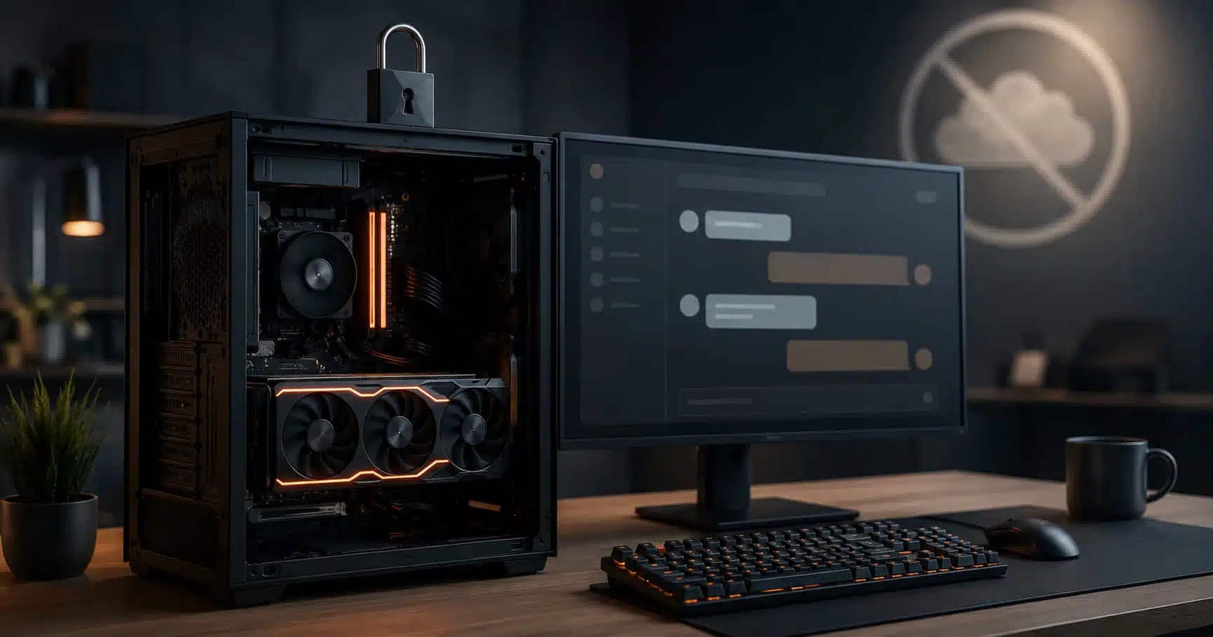 Ordinateur de bureau sur lequel tourne un modèle d'intelligence artificielle en local, avec une carte graphique visible et un cadenas symbolisant les données qui ne quittent pas la machine